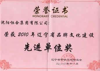 协合集团荣获“2010年辽宁省品牌文化建设先进单位”荣誉证书 